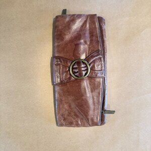 HOBO International Brown Leather Envelope Foldover Zip Clutch